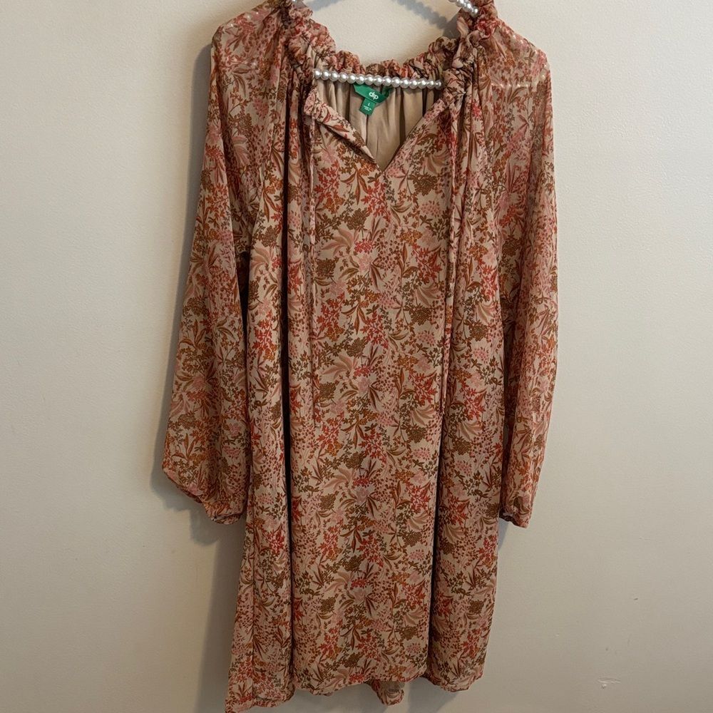 Dip Kroger Floral Keyhole Long Sleeve Shift Dress Womens Large L 100% Polyester